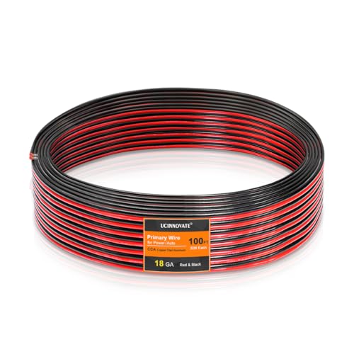 18 Gauge Electrical Wire, 100Ft (Red 50Ft+ Black 50Ft) PVC CCA Automotive Cable, Flexible 12V Low Voltage Copper Clad Aluminum 2 Wire for Doorbell, LED Lamp, Landscape Lighting