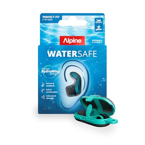 Alpine WaterSafe Ear Plugs for Swimming Keep Water Out Hear Sound Secure Fit Soft Comfortable Reusable Swimmers Surfing Showering & Water Sports Incl. 2 Sizes 1 Pair