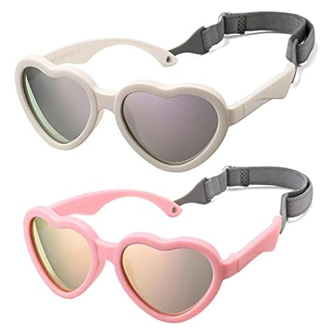 Braylenz Flexible Heart Shaped Baby Sunglasses with Strap for Ages 0-24 Months, 2 Pack Infant & Toddler Polarized Sun Glasses (White/Purple + Pink/Pink) Cover