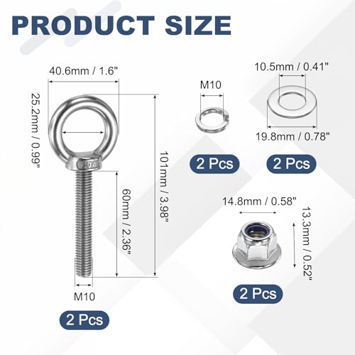 Image of PATIKIL M10 x 60mm Shoulder Eye Bolt, 2 Pcs 304 Stainless Steel Lifting Ring Threaded Eye Bolt with Flange Lock Nuts Spring and Flat Washers for Hanging Tie Down Straps Outdoor Indoor