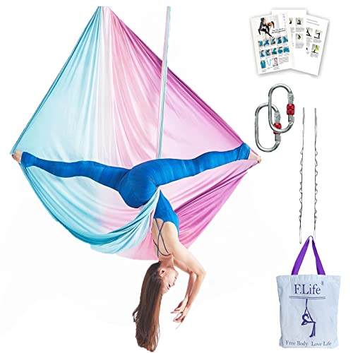 F.Life Aerial Yoga Hammock Silk Swing kit for Antigravity Yoga Inversion Include Daisy Chain,Carabiner and Pose Guide (Fairy Floss Omber)