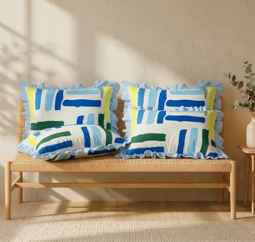 Image of VAS COLLECTIONS Cotton Pillow Covers Set of 4 (18x28 Inch) Rectangular Throw Pillow Cases with Frill Border, Envelope Closure Cushion Covers for Living Room, Bedroom & Diwan (Modern Coastal)