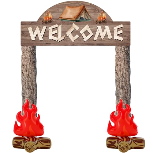 Breling 5 Pcs Include 2 Camping Themed Party Decorations Banner 1 Welcome Porch Sign 2 Inflatable Fake Campfire 1 Double Sided Tape Summer Camp Birthday Hawaii Baby Shower Themed Party Natural Style