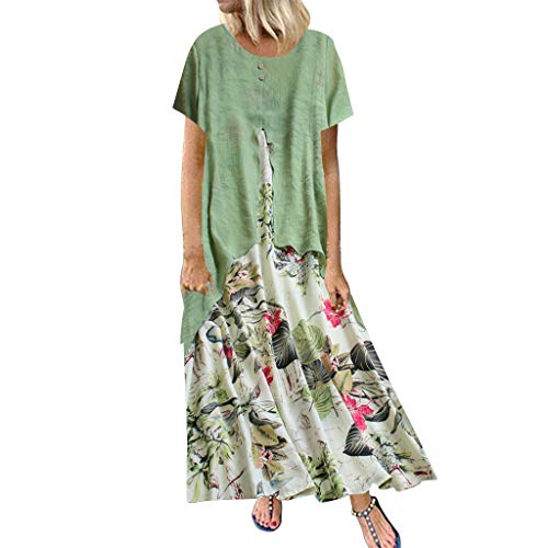 Sunnywill Women Dress, Women Vintage Print Patchwork O-Neck Short Sleeve Summer Plus Size Maxi Dress Womens Elegant Practical Halter DressLong Maxi Dress Green