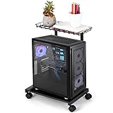 HEOMU Computer Tower Stand, 2-Tier CPU Holder PC Floor Stand, Mobile PC Tower Stand with Lockable Wheels and Wire Storage Basket for Home Office, Black Computer Tower Stand