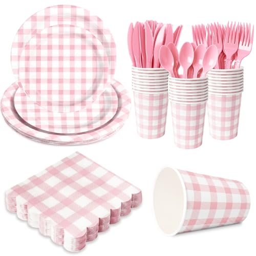 LINHAXM 175 PCS Pink Gingham Party Supplies Pink Gingham Paper Plates Cups Napkins Cutlery Pink Party Decorations for Bridal Wedding Birthday Party Outdoor Picnic Serves 25