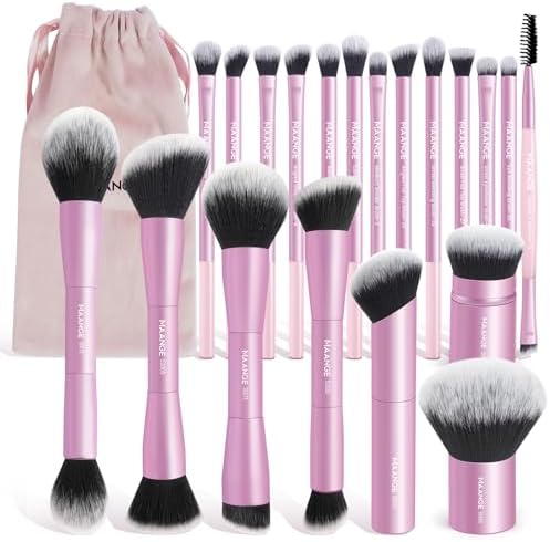 MAANGE 20 PCS Foundation Makeup Brush Set, Double-ended Kabuki Contour Brush for Liquid Powder Concealer Blending Blush Buffing Makeup Tools (Pink)