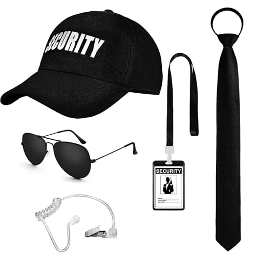 BTHRORO Agenten Kostüm Set Geheimagenten Security mit Sonnenbrille Ohrstück ID-Ausweis Sicherheit Hut Einstellbare Krawatten für Männer Jungen Halloween Cosplay Party Rollenspiele Kostümzubehör