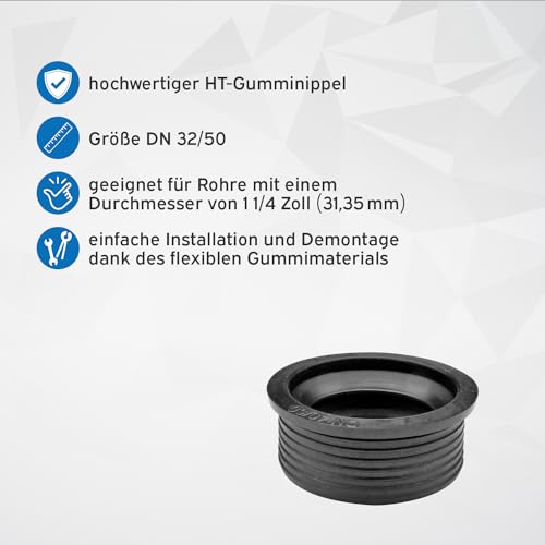 Viega Röhrensiphon Plus 101572 1 1/4 Zoll x 32mm, verchromt, verlängertes Tauchrohr und Wandrohr, Gummimanschette, Gumminippel by kör4u - für Abflussrohr 50x32mm - Made in Germany
