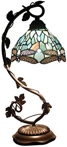 Sea blue Tiffany style dragonfly table lamp glowing