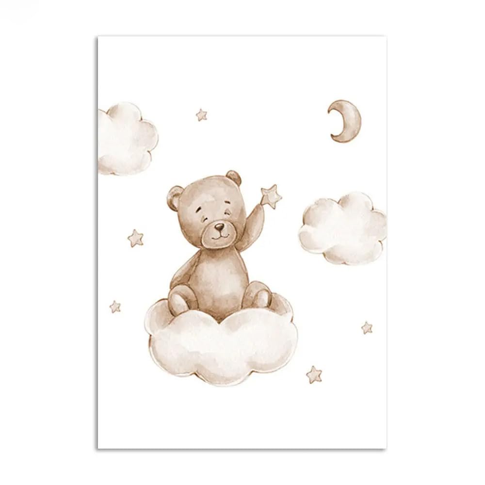 3 Affiche Ourson Chambre Bebe 30x40cm Poster Mural Enfant Garcon Nounours Nuage Ballon Tableau Chambre Bébé Beige Toile Decoration Murale Fille Cadeau sans Cadre (BOGC025-30X40)