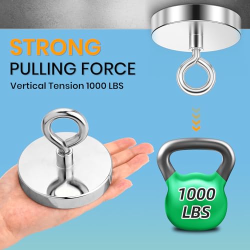 VNDUEEY Super Strong Neodymium Fishing Magnets, 1000 lbs Pulling Force, Rare Earth Magnets, Magnet Fishing with Countersunk Hole Eyebolt for Retrieving in River Lake, Beach, Lawn -3.54 inch