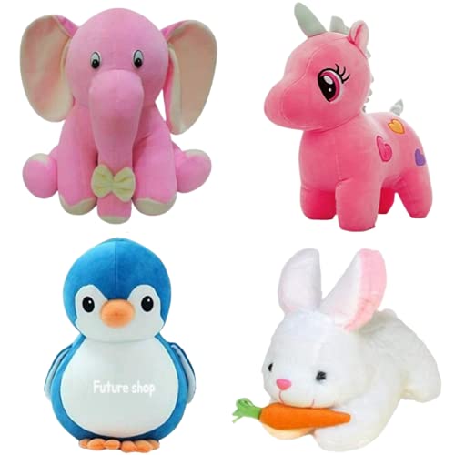 Future Shop Pack of 4 Elegant Soft Toys Combo Set Penguin/Elephant/Unicorn/Rabbit Toy Animals for You – 28 cm (Multicolor)