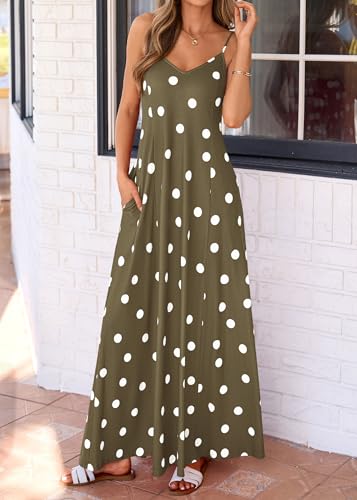 Image of KIRUNDO Womens Polka Dot Spaghetti Strap Flowy Maxi Dress | Sleeveless V Neck Boho Long Dresses, 2026 Summer Beach Vacation Cruise Outfits, A-Line Backless Sundress With Pockets