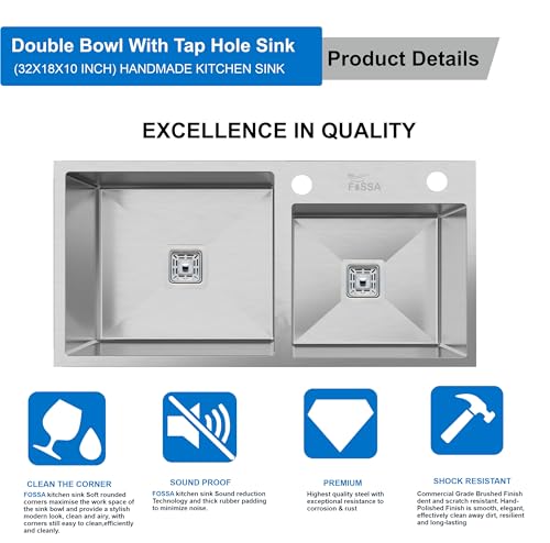 Image of Fossa 45 inchx20 inchx10 inch Inch 5-Year Warranty Stainless Steel Double Bowl Kitchen Sink with Tap Hole, Drain Basket, Soap Dispenser & Drain | Home Kitchen Silver (Matte Finish)