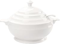 2.7 Qt Ceramic Casserole Dish with Lid & Ladle, Oven Safe White French Tureen, Microwave Dishwasher Safe 11.6" for Soup Dinner Party