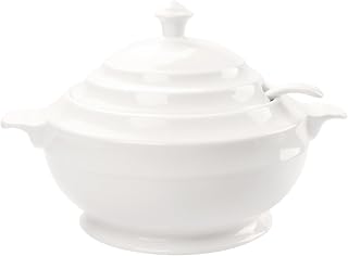 2.7 Qt Ceramic Casserole Dish with Lid & Ladle, Oven Safe White French Tureen, Microwave Dishwasher Safe 11.6" for Soup Dinner Party