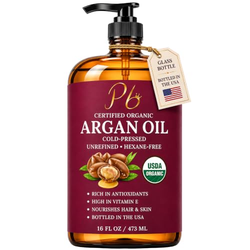 USDA Organic Argan Oil for Hair, Skin & Nails - 16oz Amber Glass Bottle