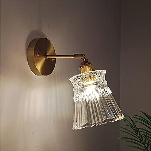 CraftThink LED Wall Sconce, Brass Finish Single-Bulb Wall Lamp Rustic Clear Ribbed Glass Tapered Wall Mounted Lighting with Swing Arm for Bedside lamp Living Room Porch Hallway Restaurant Foyer-E
