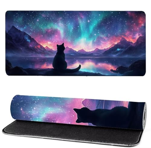 Podkładka pod mysz dla kota, XXL podkładka pod mysz gwiaździste niebo 1200x600x3mm, duża podkładka pod mysz do gier, przyszyte krawędzie, antypoślizgowa gumowa podkładka pod mysz, do biura i gier