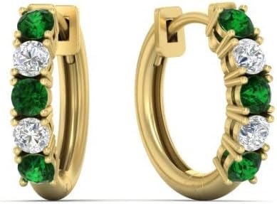 SHIV IMPEX JEWELS 0.50 Carat 5 Stone Diamond with Green Emerald Huggie Hoop Earrings 14K Yellow Gold Finish 925 Sterling Silver