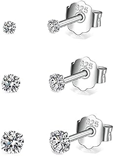 3 Pairs Solid 925 Sterling Silver Stud Earrings for Women Men Girls, Hypoallergenic Silver Cubic Zirconia CZ Stud Earrings Small Simulated Diamond Earrings, TINY Size: 2,3,4,5,6mm