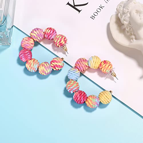 Raffia Hoop Earrings For Women Boho Colorful Rainbow Beaded Earrings Bohemian Statement Rattan Earrings For Summer Beach Raffia Circle Dangle Drop Earrings For Girls（Multi Color） #TOP1