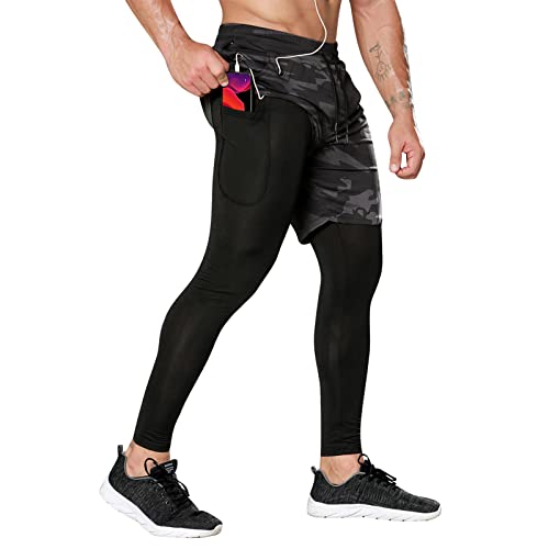 OEBLD Pantalones de compresión para hombre 2 en 1 Pantalones de correr de entrenamiento Pantalones de deporte Medias de gimnasio con lazo de toalla, Camuflaje - gris, X-Large
