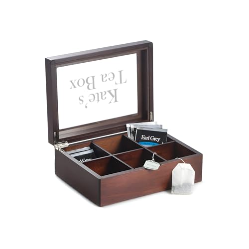 Bey-Berk Custom Engraved Mahogany Tea Storage Chest with Glass Lid – 6-Compartment Box for Tea Bags & Accessories