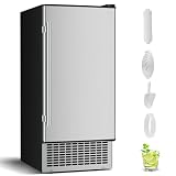 15'' Commercial Under Counter Ice Maker 110 LbS/Day Stainless Steel Ice Machine Built-in Freestanding Ice Maker with 30 Lb Bin Auto-Cleaning 24H Timer Gravity Drainage for Commercial Home