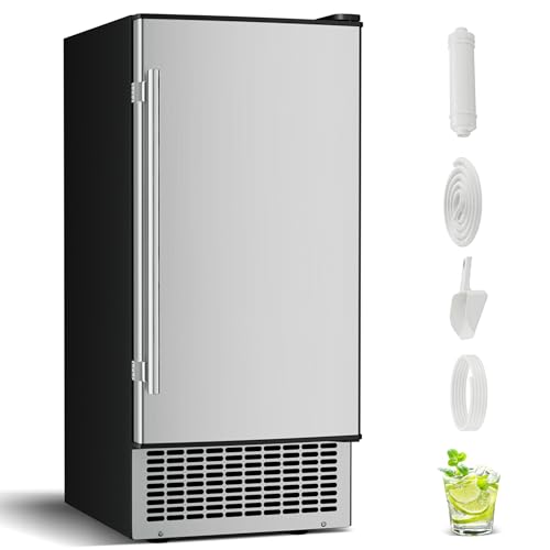 15'' Commercial Under Counter Ice Maker 110 LbS/Day Stainless Steel Ice Machine Built-in Freestanding Ice Maker with 30 Lb Bin Auto-Cleaning 24H Timer Gravity Drainage for Commercial Home