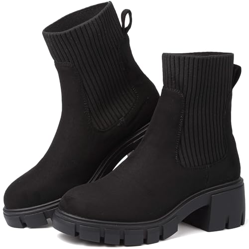 ziitop Women Platform Chelsea Boots Fashion Elastic Ankle Booties Lug Sole Chunky Block Heel Leather Fall Boots Ladies