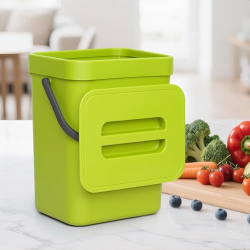 Image of Kitchen Waste Bin with Hooks 5L, Indoor Kitchen Sealed Under Sink for Kitchen, Food Waste Bin for Countertop (DarkGreen)