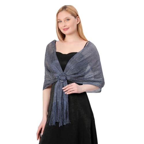 Image of Stoles for Evening Dress with Buckle, Fringes - Polyester Blend, Shimmer Stole Wraps for Weddings, Party | Women's Clothing