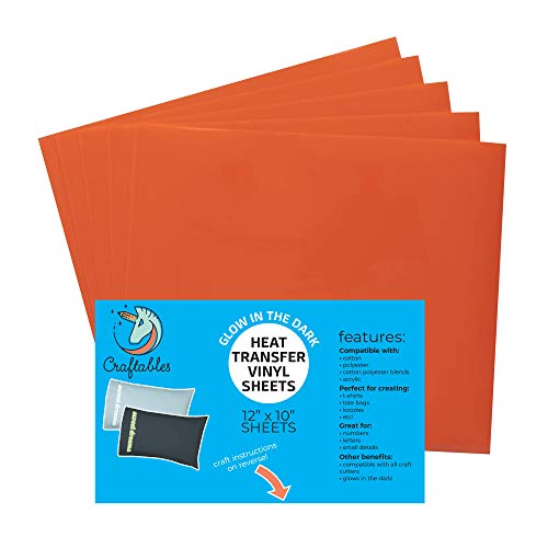 Craftables Neon Orange Glow in The Dark Heat Transfer Vinyl 5 Sheets - Stretchy Glow-in-The-Dark T-Shirt Glow Vinyl - Easy to Weed Glow Vinyl for Fabric, Cotton, Nylon T Shirts.