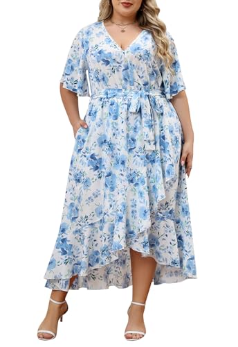 Image of Keluummi Plus Size Maxi Dress for Women V-Neck Floral Empire Waist 3 /4 Sleeve with Pockets