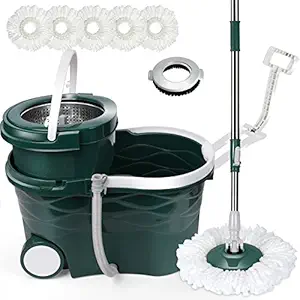 ZNM Spin Mop and Bucket with Wringer Set, 360 Mop and Bucket on Wheels, Spinning Mops System with Stainless Steel Extended Handle for Floor Cleaning, 5 Microfiber Replacement Heads & Cleaning Brush