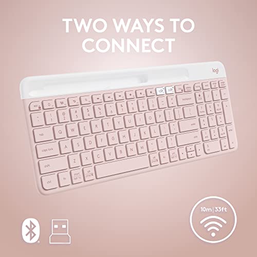 Image of Logitech K585 Multi-Device Slim Wireless Keyboard, Built-in Cradle for Device; for Laptop, Tablet, Desktop, Smartphone, Win /Mac, Bluetooth /Receiver, Compact, Easy Switch, 24 Month Battery - Rose | Slim Keyboard with Built-in Phone Cradle, Easy-Switch for 2 Devices, Bluetooth Plus USB Receiver, 24-Month Battery