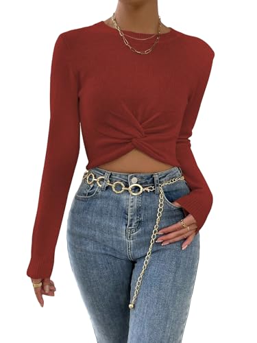 Image of SHENHE Women's Twist Front Round Neck Soft Long Sleeve Knitted Cropped Sweater Pullover