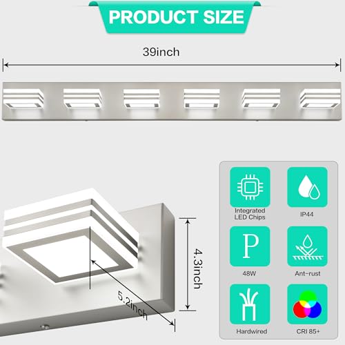 Image of SOLFART Modern LED Vanity Lights Fixtures: 6 Lights Acrylic LED Brushed Nickel Vanity Lights for Bathroom 39inch
