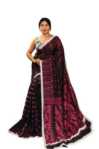 Women's Elegant Handwoven Jamdani Saree with Delicate Lace Border with