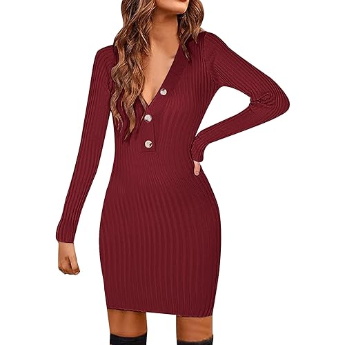 Strickkleider Damen Elegante Sexy Pulloverkleid V-Ausschnitt Langarm Casual Bodycon Strickpullover Winterkleid Pulloverkleid Pulli Kleid Wollkleid...