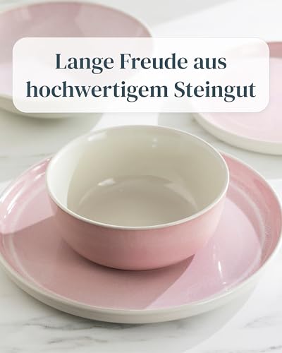 Steingut Geschirrset 6 Personen Ibiza 24 tlg. TESTSIEGER, Traumhaftes Mediterranes Steingut Geschirr Set, Schüssel- und Teller Set, Tafelservice 6 Personen, Geschirrsets Pure Living in Rose