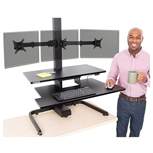Stand Steady Techtonic | Electric Standing Desk Converter with 3 Monitor Mounts | Ergonomic Stand Up Desk Converter with Keyboard Tray Holds 3 Screens | Easy & Quiet Sit to Stand at Push of a Button