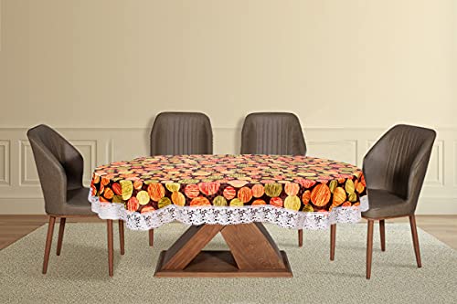 Image of The Furnishing Tree Waterproof PVC Oval Shaped 10 Seater Table Cover WxL 60x120 inches Abstract Pattern Multi Color with White Border lace