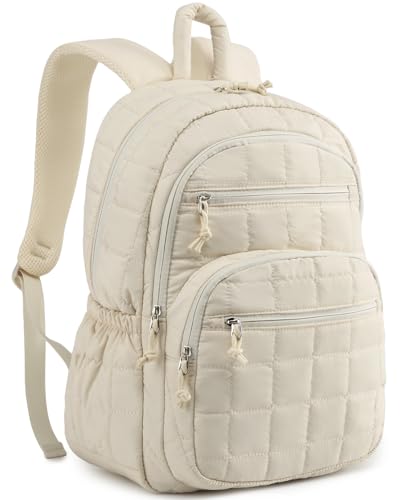 CLOKARS Mochila acolchoada para mulheres, trabalho e meninas, bolsa escolar moderna com compartimento para laptop, Bege, 17.3in, Mochila Puffer