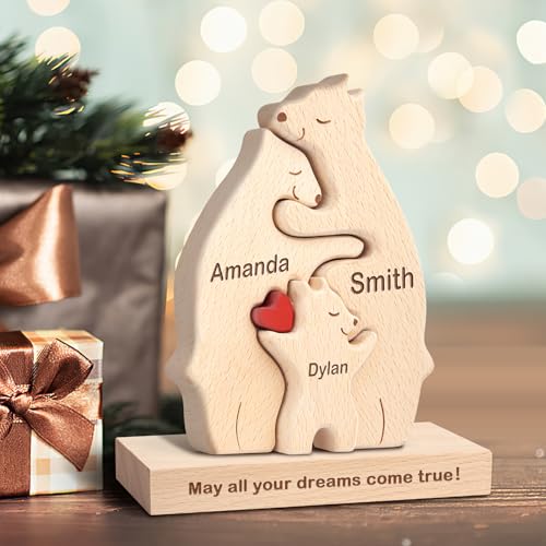 Puzzle Personalizzato con Famiglia di Orsi in Legno con 1-8 nomi, We are One Animali Sculture Artistico, Decorativo per la Casa Regalo per Natale, Compleanno, Anniversario Festa Della Mamma e Papà