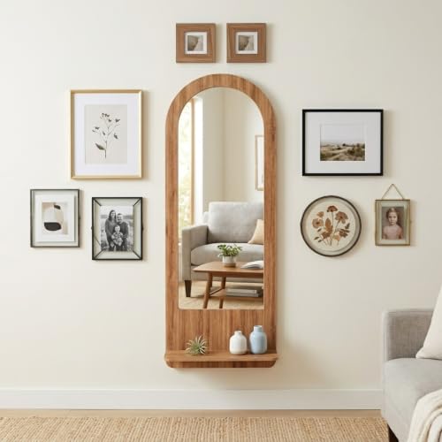 Image of Creative Arts n Frames Full length 15x47 inch Long Wall Mount HD Mirror with Shelf for Bedroom Bathroom Living room Home Office Decor(15x47 inch Framed Mirror with Shelf Arch Natural Iqurel Oak Light)