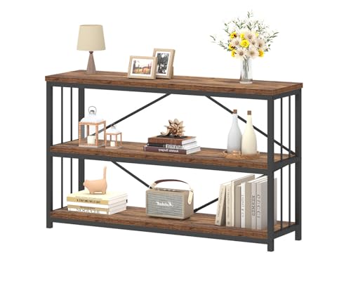 IBF Farmhouse - Estantería baja de 3 niveles, estantería industrial rústica horizontal de madera, moderna estantería de metal abierta con almacenamiento, estante vintage para oficina, dormitorio, sala
