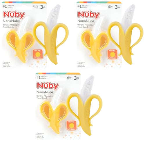 Image of Nuby Nananubs Banana Massaging Teether - Baby Teething Toys 3 Months and Up, Silicone Teether for Sore Gums, Infant Toy, Baby Essentials, Brush, Travel Accessory, Gift for Babies (Pack of 48)